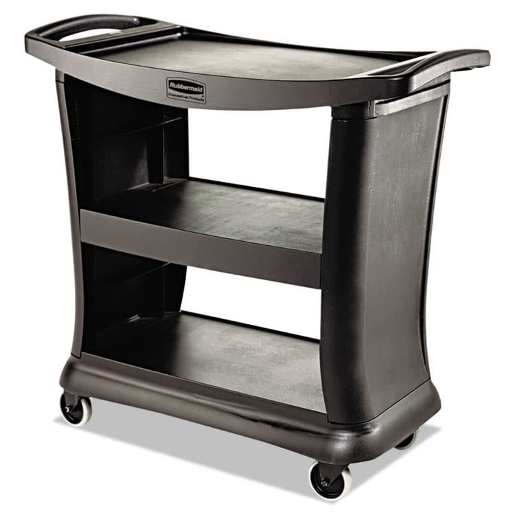 RUBBERMAID COMMERCIAL PROD. Executive Service Cart, Plastic, 3 Shelves, 300 lb Capacity, 20.33" x 38.9" x 38.9", Black (RCP9T6800BK)