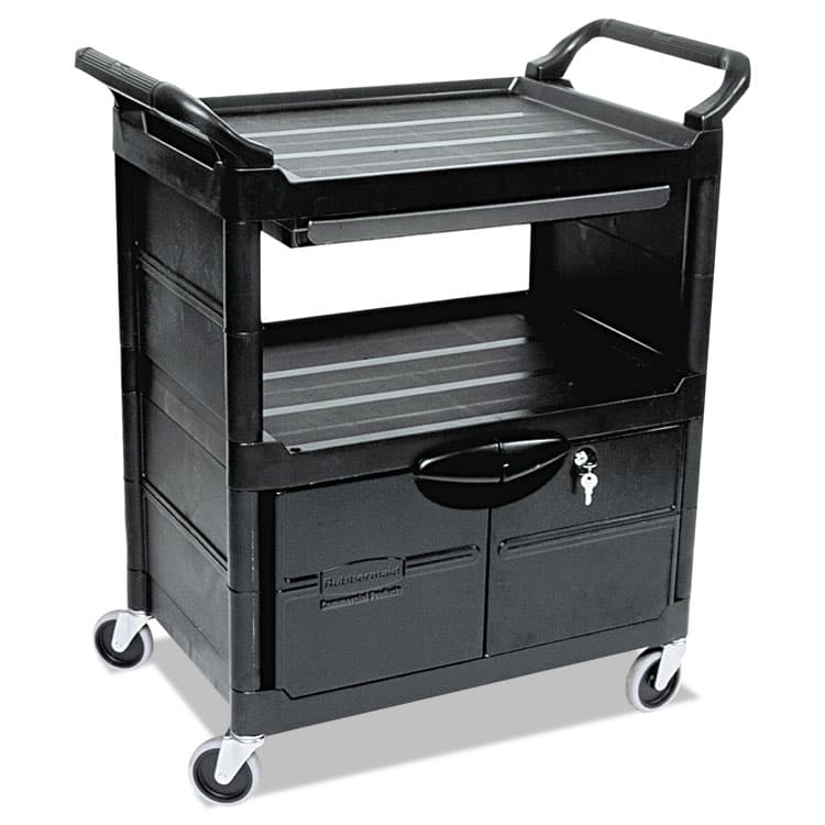 RUBBERMAID COMMERCIAL PROD. Utility Cart with Locking Doors, Plastic, 3 Shelves, 200 lb Capacity, 33.63" x 18.63" x 37.75", Black (RCP345700BLA)
