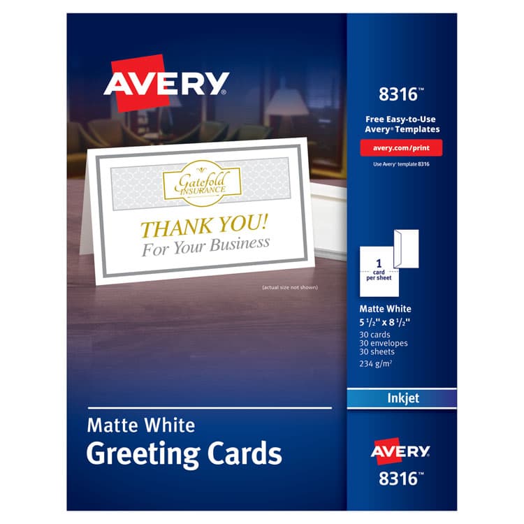 AVERY PRODUCTS CORPORATION Half-Fold Greeting Cards with Matching Envelopes, Inkjet, 85 lb, 5.5 x 8.5, Matte White, 1 Card/Sheet, 30 Sheets/Box (AVE8316)