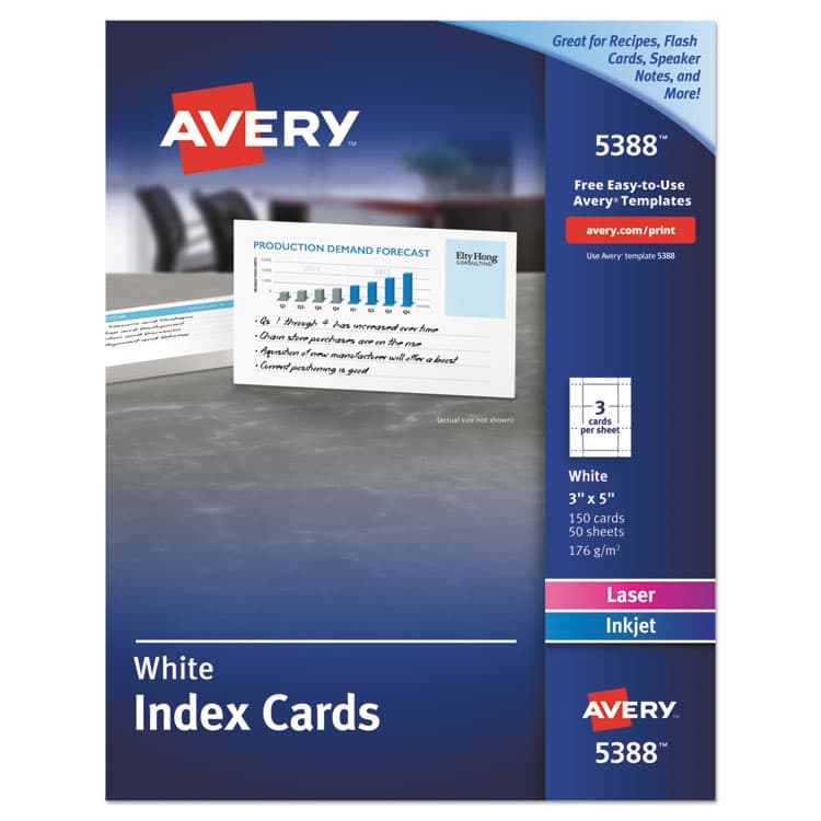 AVERY PRODUCTS CORPORATION Printable Index Cards with Sure Feed, Unruled, Inkjet/Laser, 3 x 5, White, 150 Cards, 3 Cards/Sheet, 50 Sheets/Box (AVE5388)