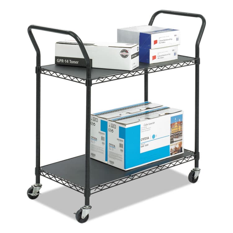 SAFCO PRODUCTS Wire Utility Cart, Metal, 2 Shelves, 400 lb Capacity, 43.75" x 19.25" x 40.5", Black (SAF5337BL)