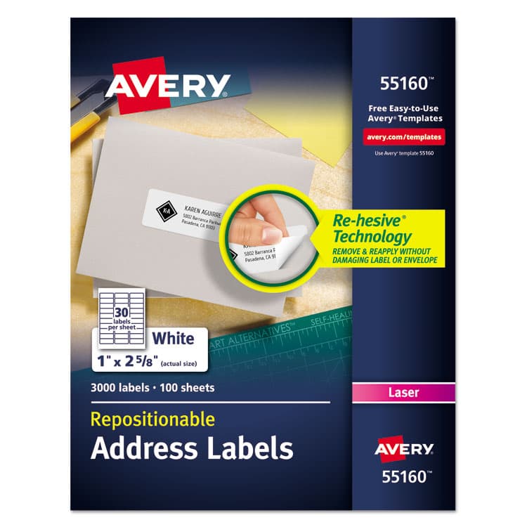 AVERY PRODUCTS CORPORATION Repositionable Address Labels w/SureFeed, Laser, 1 x 2.63, White, 3000/Box (AVE55160)