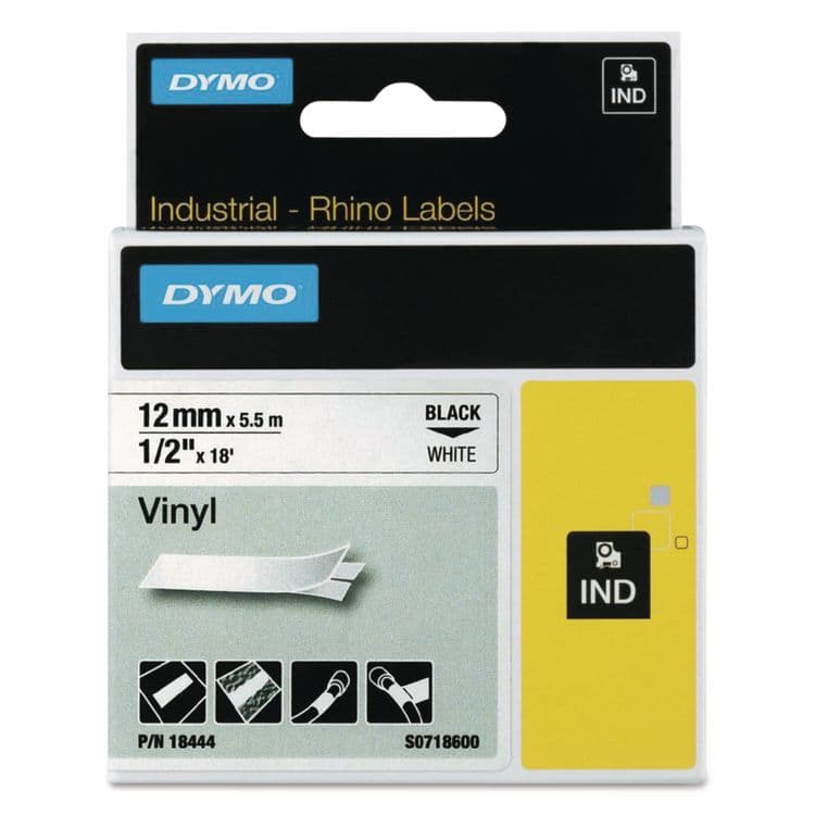 DYMO Rhino Permanent Vinyl Industrial Label Tape, 0.5" x 18 ft, White/Black Print (DYM18444)