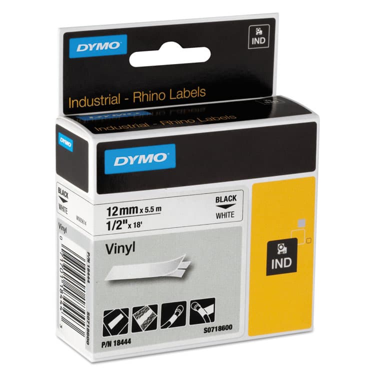 DYMO Rhino Permanent Vinyl Industrial Label Tape, 0.5" x 18 ft, White/Black Print (DYM18444) thumbnail 2