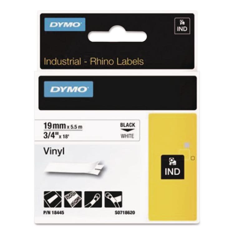 DYMO Rhino Permanent Vinyl Industrial Label Tape, 0.75" x 18 ft, White/Black Print (DYM18445)