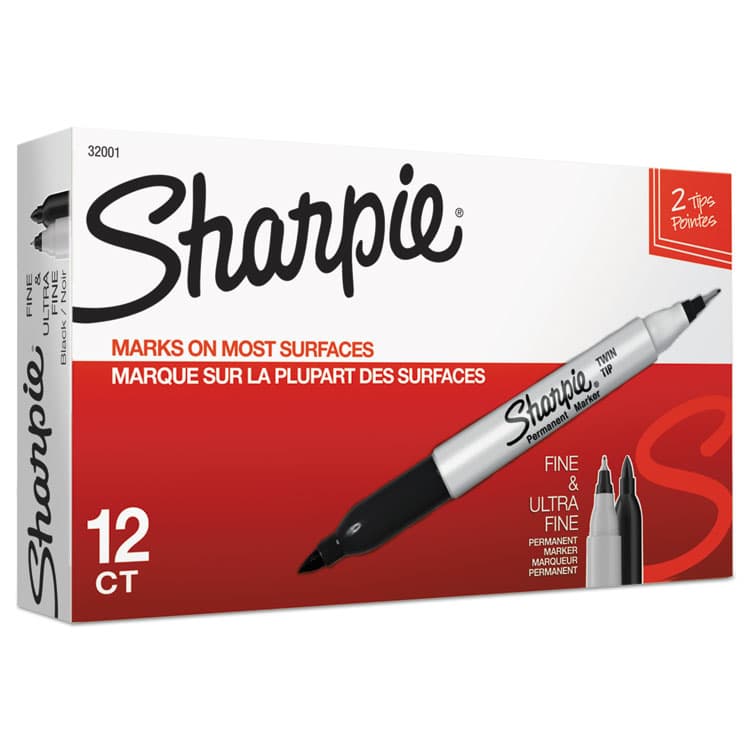 SANFORD Twin-Tip Permanent Marker, Extra-Fine/Fine Bullet Tips, Black, Dozen (SAN32001B)