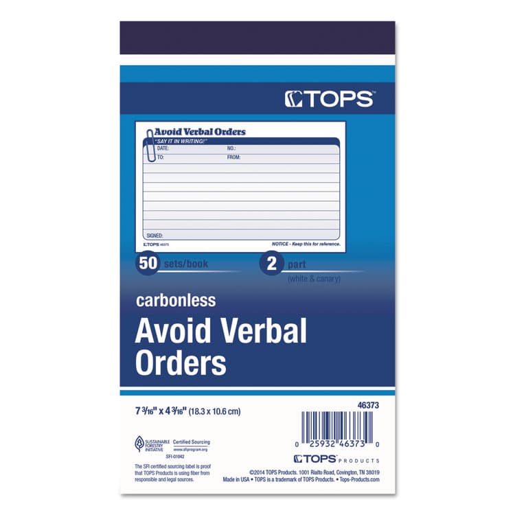 TOPS BUSINESS FORMS Avoid Verbal Orders Manifold Book, Two-Part Carbonless, 6.25 x 4.25, 50 Forms Total (TOP46373) thumbnail 2