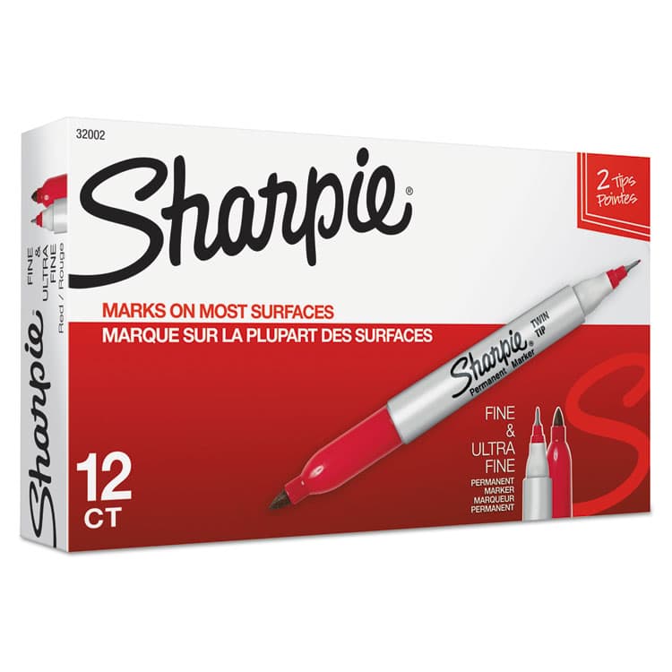 SANFORD Twin-Tip Permanent Marker, Extra-Fine/Fine Bullet Tips, Red, Dozen (SAN32002)