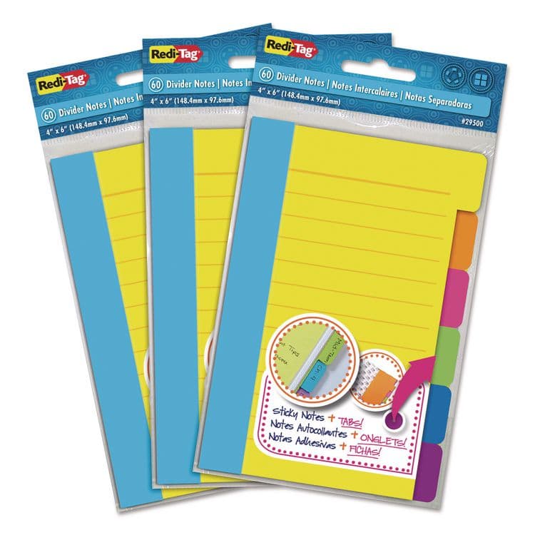 REDI-TAG CORPORATION Divider Sticky Notes, 6-Tab Sets, Note Ruled, 4" x 6", Assorted Colors, 60 Sheets/Set, 3 Sets/Pack (RTG10245)