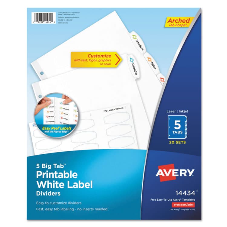 AVERY PRODUCTS CORPORATION Big Tab Printable White Label Tab Dividers, 5-Tab, 11 x 8.5, White, 20 Sets (AVE14434)
