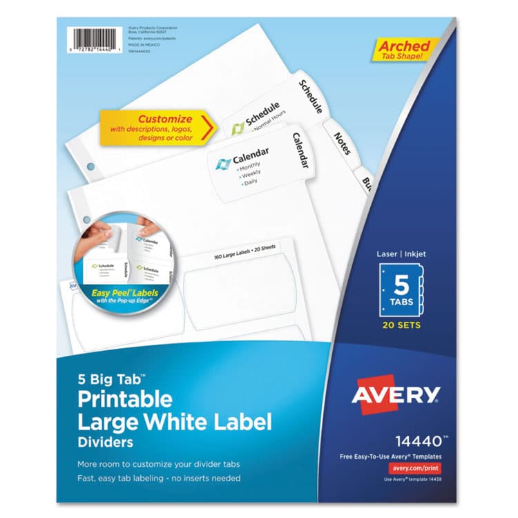 AVERY PRODUCTS CORPORATION Big Tab Printable Large White Label Tab Dividers, 5-Tab, 11 x 8.5, White, 20 Sets (AVE14440)
