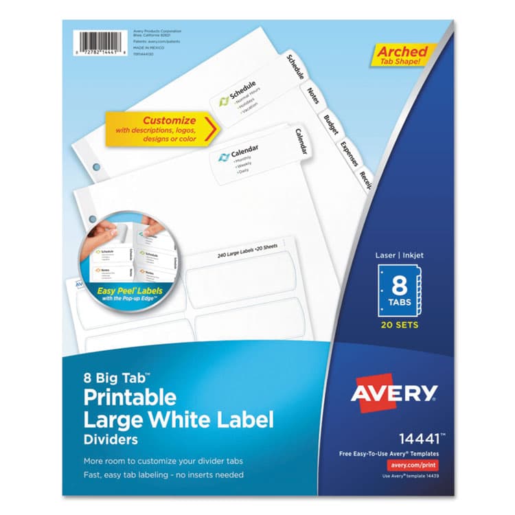 AVERY PRODUCTS CORPORATION Big Tab Printable Large White Label Tab Dividers, 8-Tab, 11 x 8.5, White, 20 Sets (AVE14441)