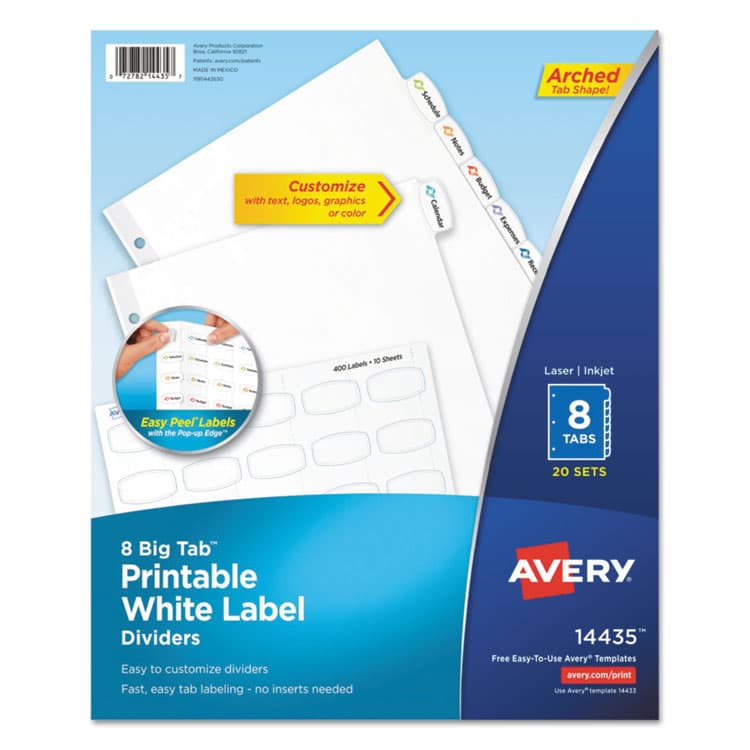 AVERY PRODUCTS CORPORATION Big Tab Printable White Label Tab Dividers, 8-Tab, 11 x 8.5, White, 20 Sets (AVE14435)