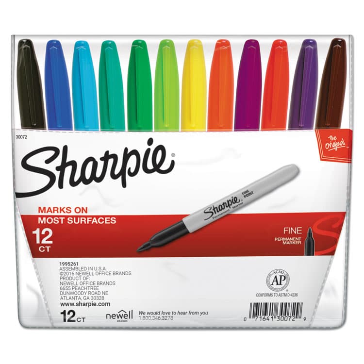 SANFORD Fine Tip Permanent Marker, Fine Bullet Tip, Assorted Colors, 12/Set (SAN30072)