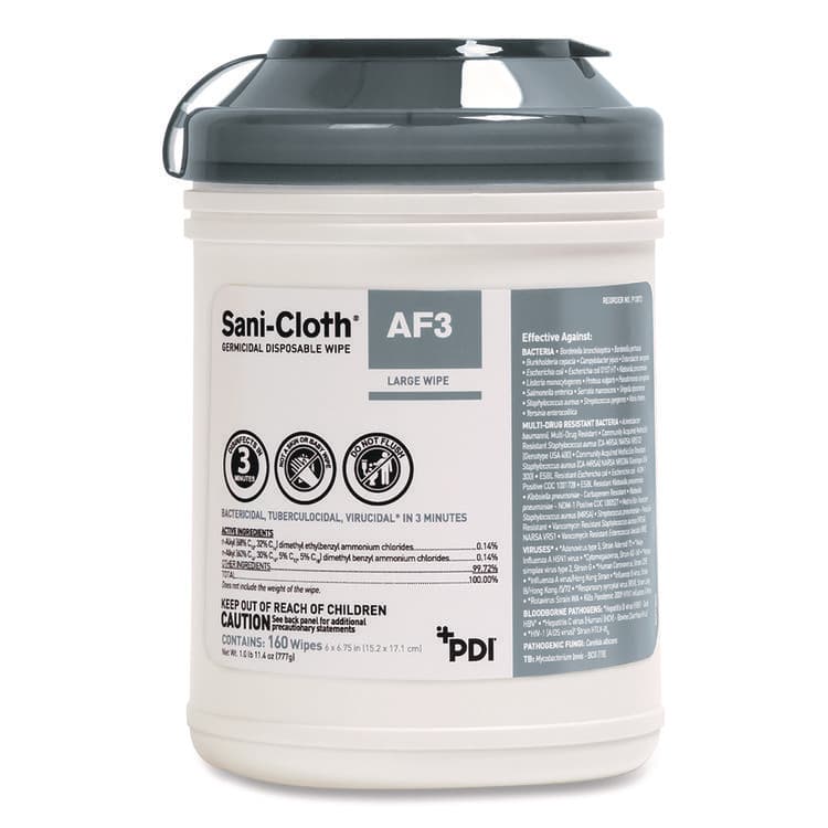 SANI PROFESSIONAL Sani-Cloth AF3 Germicidal Disposable Wipes, 6 x 6.75, White, 160 Wipes/Canister, 12 Canisters/Carton (NICP13872) thumbnail 2