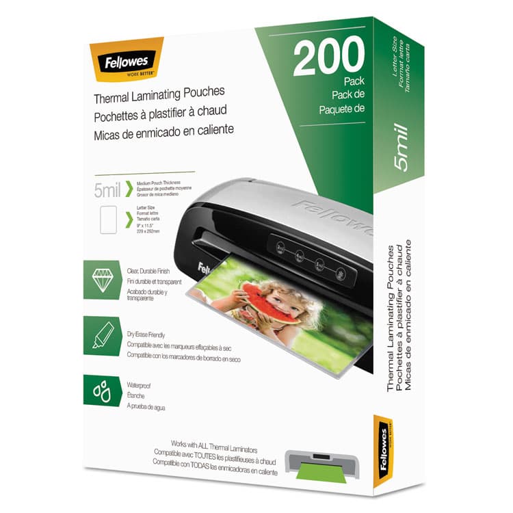 FELLOWES MFG. CO. Laminating Pouches, 5 mil, 9" x 11.5", Gloss Clear, 200/Pack (FEL5743601)