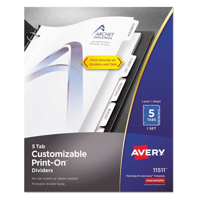 AVERY PRODUCTS CORPORATION Customizable Print-On Dividers, 3-Hole Punched, 5-Tab, 11 x 8.5, White, 1 Set (AVE11511)