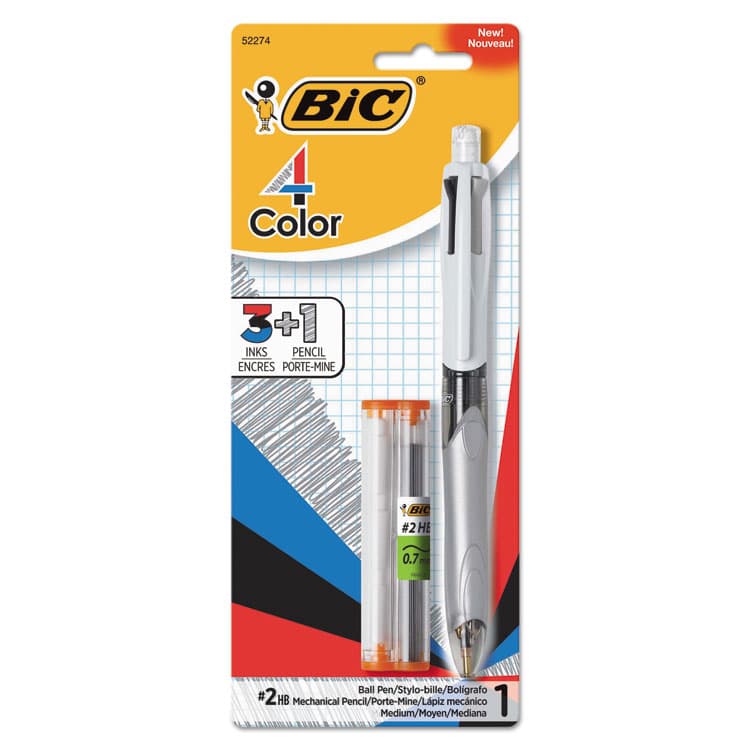 BIC CORP. 4-Color 3 + 1 Ballpoint Pen/Pencil, Retractable, Medium 1 mm Pen/0.7 mm Pencil, Black/Blue/Red Ink, Gray/White Barrel (BICMMLP1AST)