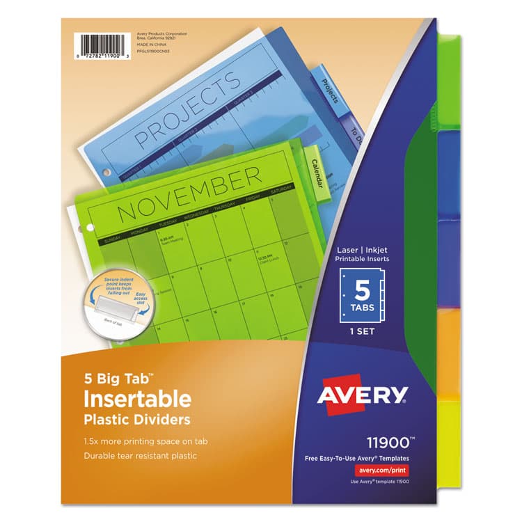 AVERY PRODUCTS CORPORATION Insertable Big Tab Plastic Dividers, 5-Tab, 11 x 8.5, Assorted, 1 Set (AVE11900)