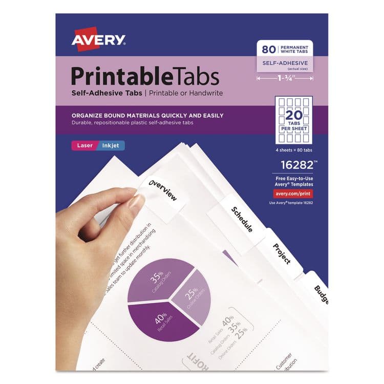 AVERY PRODUCTS CORPORATION Printable Plastic Tabs with Repositionable Adhesive, 1/5-Cut, White, 1.75" Wide, 80/Pack (AVE16282)