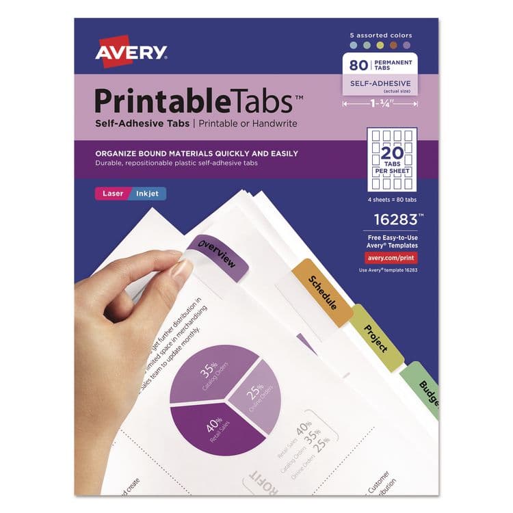 AVERY PRODUCTS CORPORATION Printable Plastic Tabs with Repositionable Adhesive, 1/5-Cut, Assorted Colors, 1.75" Wide, 80/Pack (AVE16283)