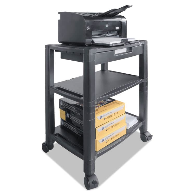 KANTEK . Height-Adjustable Deskside Printer Cart, Plastic, 3 Shelves, 1 Drawer, 60 lb Capacity, 20" x 13.25" x 24.5", Black (KTKPS640)