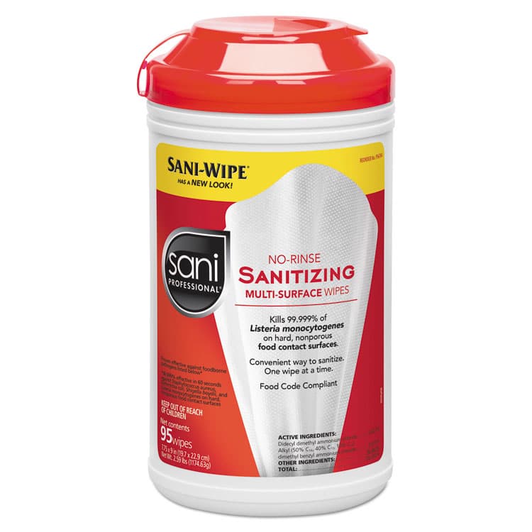 SANI PROFESSIONAL No-Rinse Sanitizing Multi-Surface Wipes, Unscented, White, 95/Container (NICP56784EA)