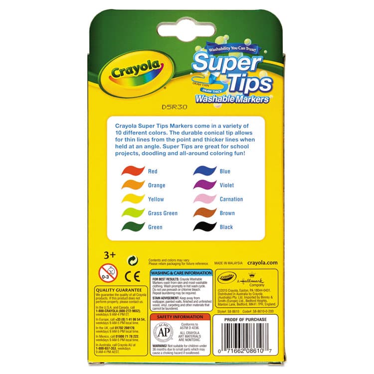 BINNEY & SMITH / CRAYOLA Washable Super Tips Markers, Fine/Broad Bullet Tips, Assorted Colors, 10/Set (CYO588610) thumbnail 3