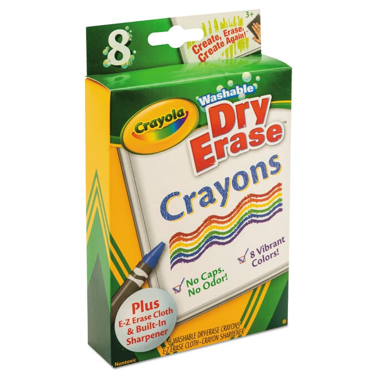 BINNEY & SMITH / CRAYOLA Washable Dry Erase Crayons with Built-In Sharpener and E-Z Erase Cloth, Large Size, 0.44" x 4", 8 Assorted Colors, 8/Pack (CYO985200) thumbnail 2