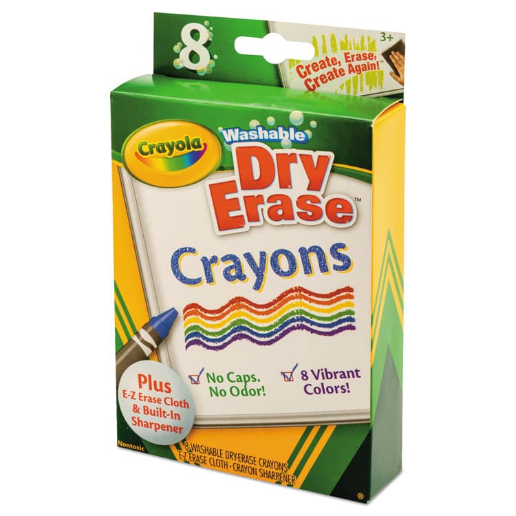 BINNEY & SMITH / CRAYOLA Washable Dry Erase Crayons with Built-In Sharpener and E-Z Erase Cloth, Large Size, 0.44" x 4", 8 Assorted Colors, 8/Pack (CYO985200) thumbnail 3