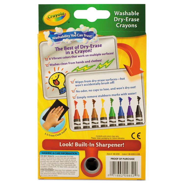 BINNEY & SMITH / CRAYOLA Washable Dry Erase Crayons with Built-In Sharpener and E-Z Erase Cloth, Large Size, 0.44" x 4", 8 Assorted Colors, 8/Pack (CYO985200) thumbnail 4