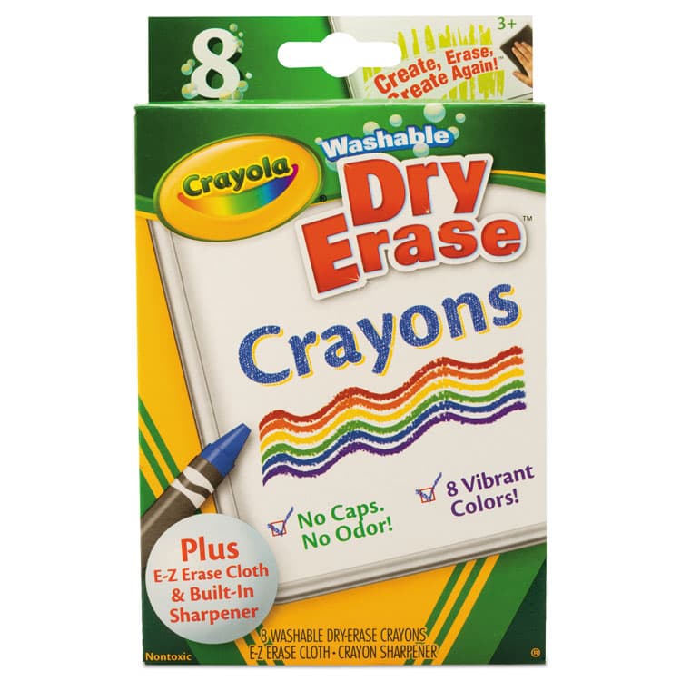 BINNEY & SMITH / CRAYOLA Washable Dry Erase Crayons with Built-In Sharpener and E-Z Erase Cloth, Large Size, 0.44" x 4", 8 Assorted Colors, 8/Pack (CYO985200)