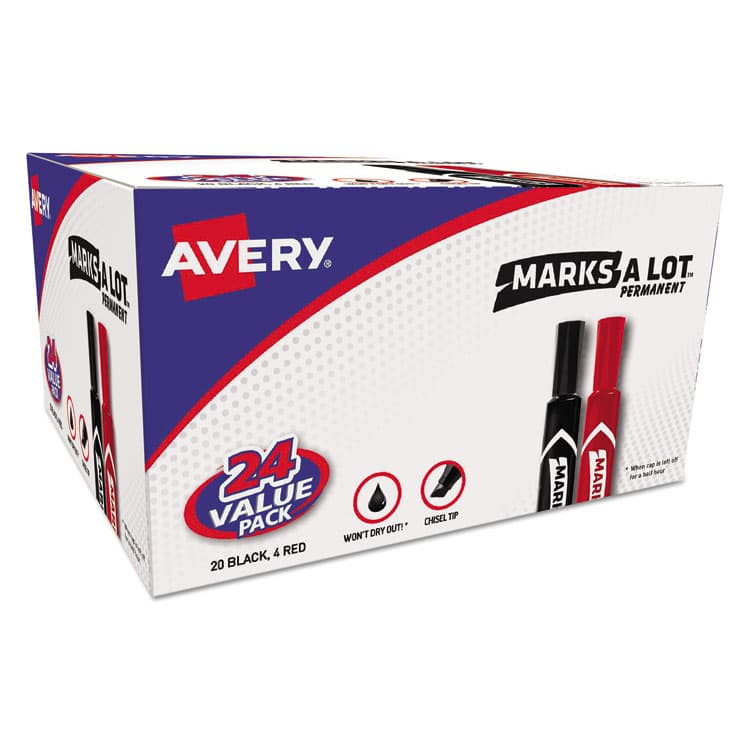 AVERY PRODUCTS CORPORATION MARKS A LOT Regular Desk-Style Permanent Marker Value Pack, Broad Chisel Tip, Assorted Colors, 24/Pack (98187) (AVE98187)