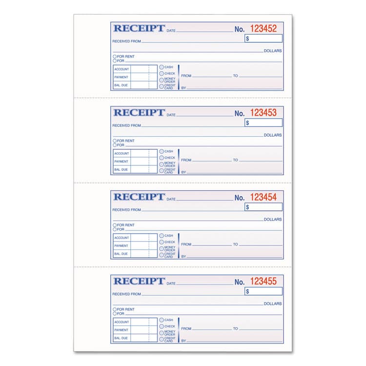 CARDINAL BRANDS . Multipart Money/Rent Receipt Book, Casebound (Hard Cover), Three-Part Carbonless, 7 x 2.75, 4 Forms/Sheet, 200 Forms Total (ABFTCH1185)