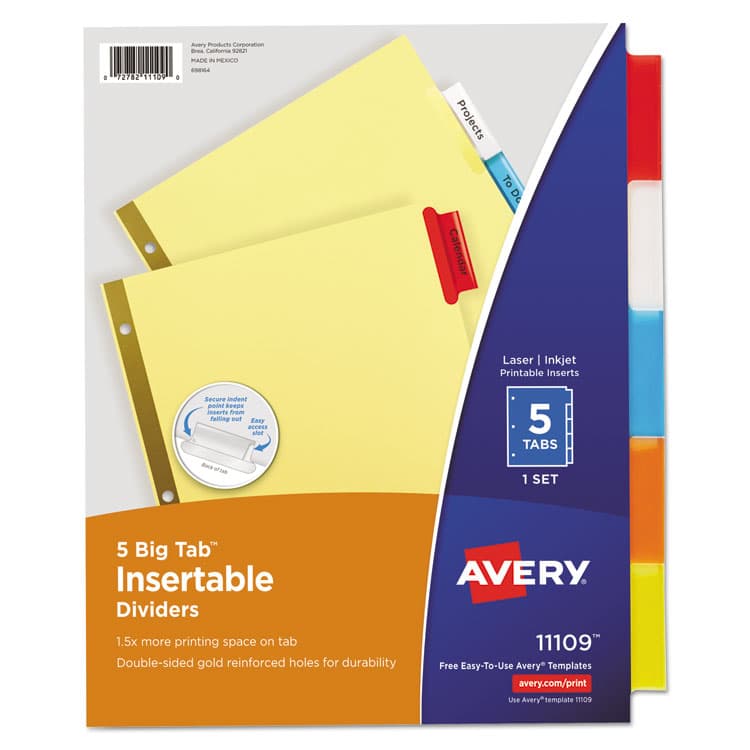 AVERY PRODUCTS CORPORATION Insertable Big Tab Dividers, 5-Tab, Double-Sided Gold Edge Reinforcing, 11 x 8.5, Buff, Assorted Tabs, 1 Set (AVE11109)