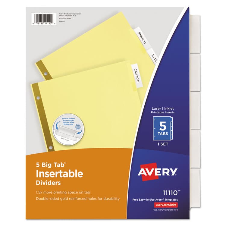 AVERY PRODUCTS CORPORATION Insertable Big Tab Dividers, 5-Tab, Double-Sided Gold Edge Reinforcing, 11 x 8.5, Buff, Clear Tabs, 1 Set (AVE11110)