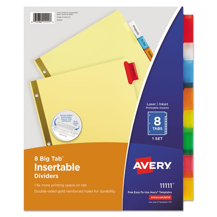 AVERY PRODUCTS CORPORATION Insertable Big Tab Dividers, 8-Tab, Double-Sided Gold Edge Reinforcing, 11" x 8.5", Buff, Assorted Tabs, 1 Set (AVE11111)