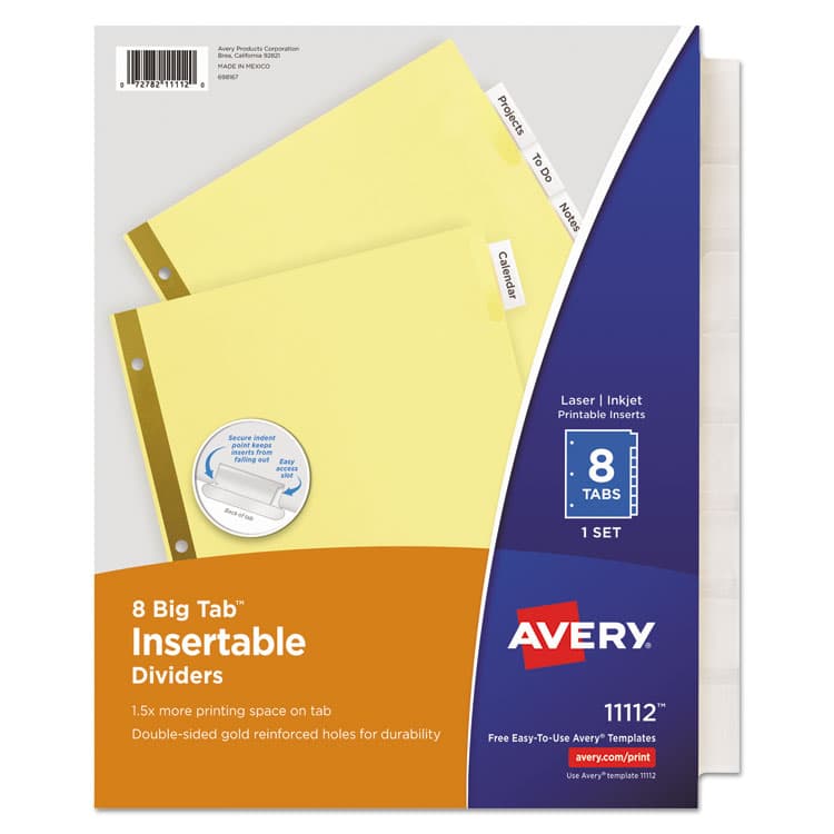 AVERY PRODUCTS CORPORATION Insertable Big Tab Dividers, 8-Tab, Double-Sided Gold Edge Reinforcing, 11" x 8.5", Buff, Clear Tabs, 1 Set (AVE11112)