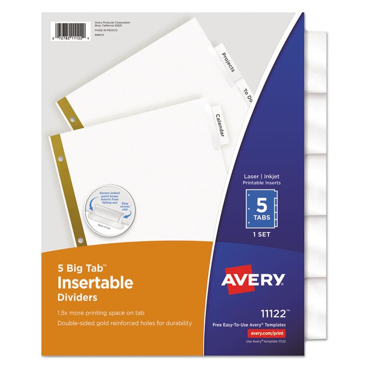 AVERY PRODUCTS CORPORATION Insertable Big Tab Dividers, 5-Tab, Double-Sided Gold Edge Reinforcing, 11 x 8.5, White, Clear Tabs, 1 Set (AVE11122)