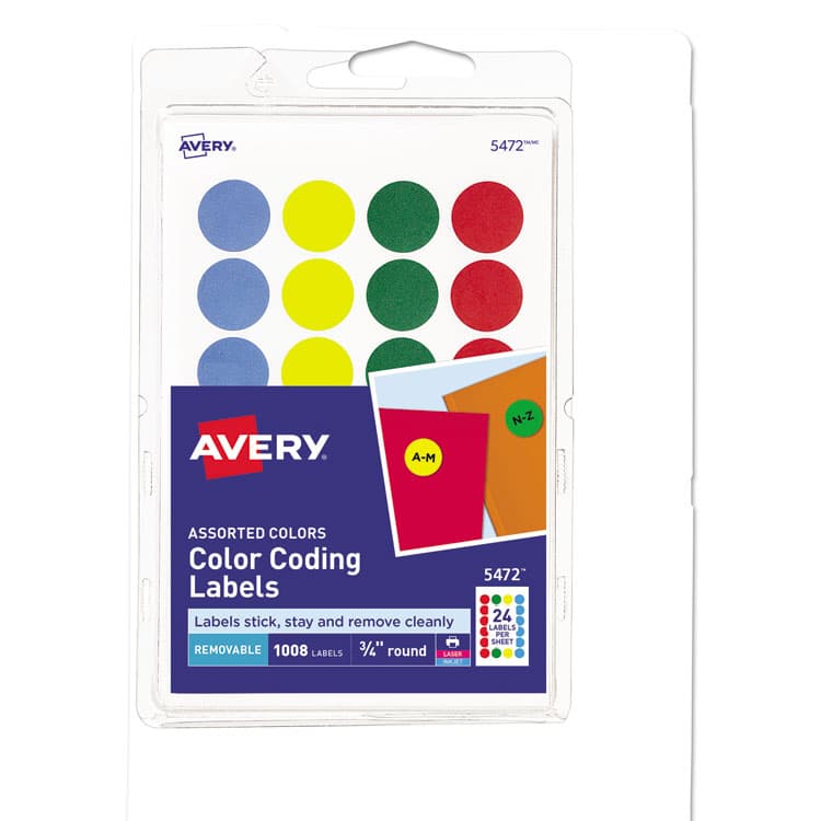 AVERY PRODUCTS CORPORATION Printable Self-Adhesive Removable Color-Coding Labels, 0.75" dia, Assorted Colors, 24/Sheet, 42 Sheets/Pack, (5472) (AVE05472)