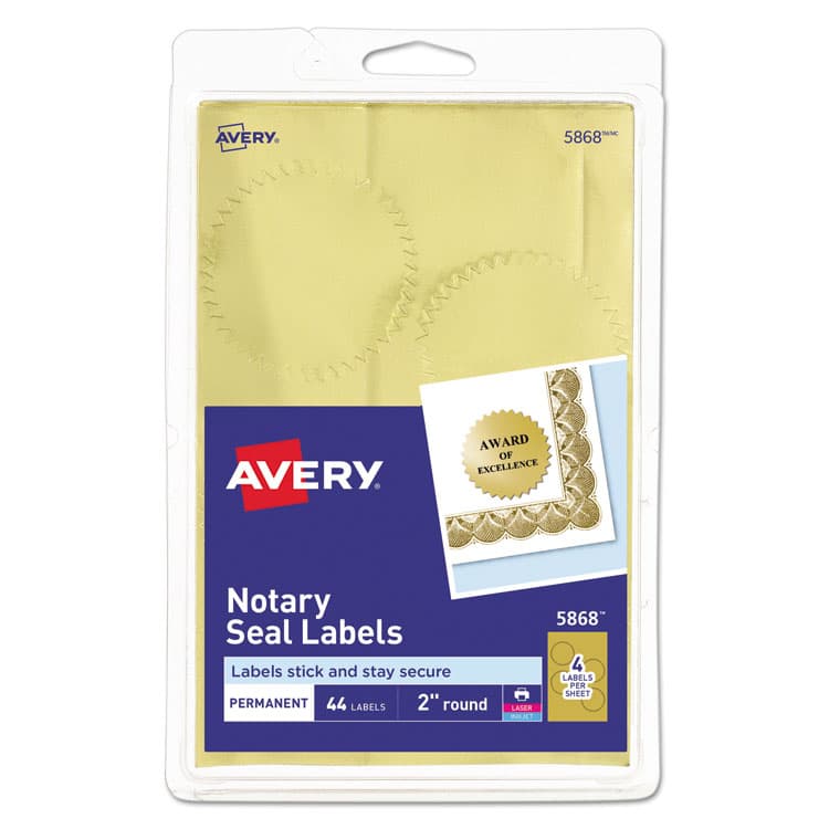 AVERY PRODUCTS CORPORATION Printable Gold Foil Seals, 2" dia, Gold, 4/Sheet, 11 Sheets/Pack, (5868) (AVE05868)