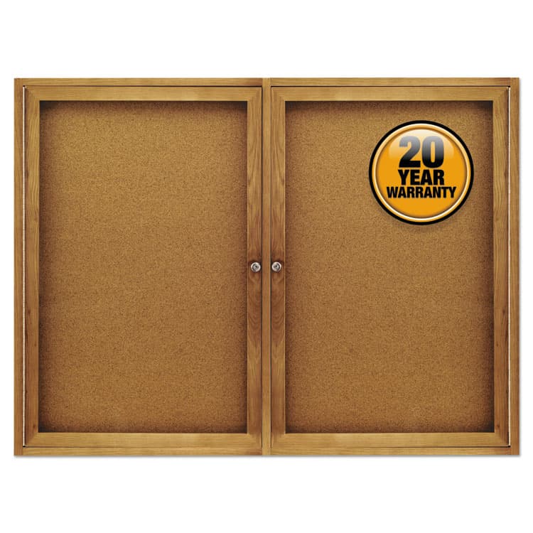 ACCO BRANDS, . Enclosed Indoor Cork Bulletin Board with Two Hinged Doors, 48" x 36", Tan Surface, Oak Finished Fiberboard (MDF) Frame (QRT364)