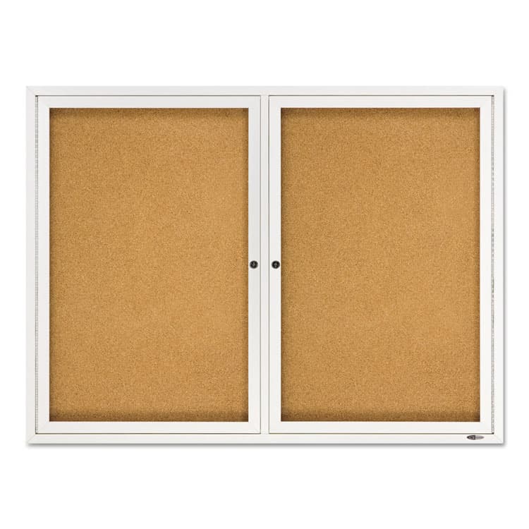 ACCO BRANDS, . Enclosed Indoor Cork Bulletin Board with Two Hinged Doors, 48" x 36", Tan Surface, Satin Aluminum Frame (QRT2364)