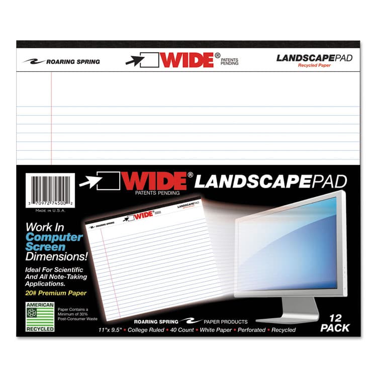 ROARING SPRING PAPER PRODUCTS WIDE Landscape Format Writing Pad, Medium/College Rule, (40) White 11 x 8.5 Sheets (ROA74500)