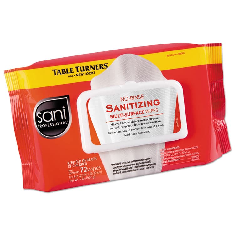SANI PROFESSIONAL No-Rinse Sanitizing Multi-Surface Wipes, 1-Ply, 8 x 9, Unscented, White, 72 Wipes/Pack, 12 Packs/Carton (NICM30472) thumbnail 2