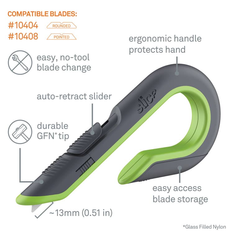 SLICE, . Box Cutters, Double Sided, Replaceable, 1.29" Stainless Steel Blade, 7" Nylon Handle, Gray/Green (SLI10503) thumbnail 2