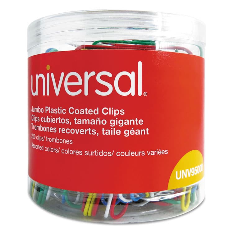 UNIVERSAL OFFICE PRODUCTS Plastic-Coated Paper Clips with One-Compartment Dispenser Tub, Jumbo, Assorted Colors, 250/Pack (UNV95000) thumbnail 3