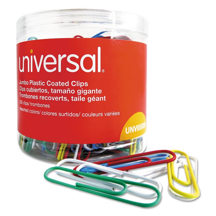 UNIVERSAL OFFICE PRODUCTS Plastic-Coated Paper Clips with One-Compartment Dispenser Tub, Jumbo, Assorted Colors, 250/Pack (UNV95000) thumbnail 4
