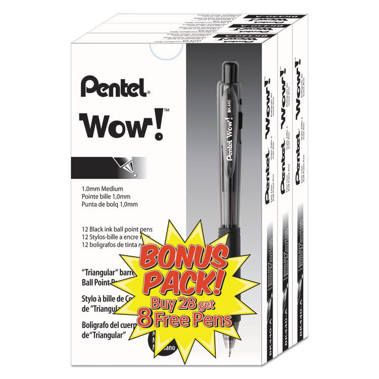 PENTEL OF AMERICA WOW! Ballpoint Pen Value Pack, Retractable, Medium 1 mm, Black Ink, Smoke/Black Barrel, 36/Pack (PENBK440ASWUS) thumbnail 2