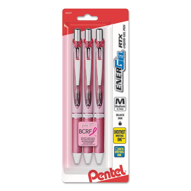PENTEL OF AMERICA EnerGel RTX Breast Cancer Awareness Gel Pen, Retractable, Medium 0.7 mm, Black Ink, Pink/Silver Barrel, 3/Pack (PENBL77PBP3ABC) thumbnail 2